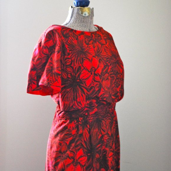 Red floral cocktail dress w/ scalloped detail L/XL - Picture 5 of 9